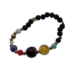 Natural Stone Bead Healing Chakra Bracelet With Black Lava Beads & Gemstone Acce